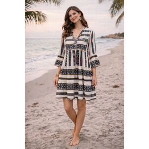 Boho Ikat Embroidered Tiers MultiColor Stripe VNeck Flounce Sleeve M Midi Dress